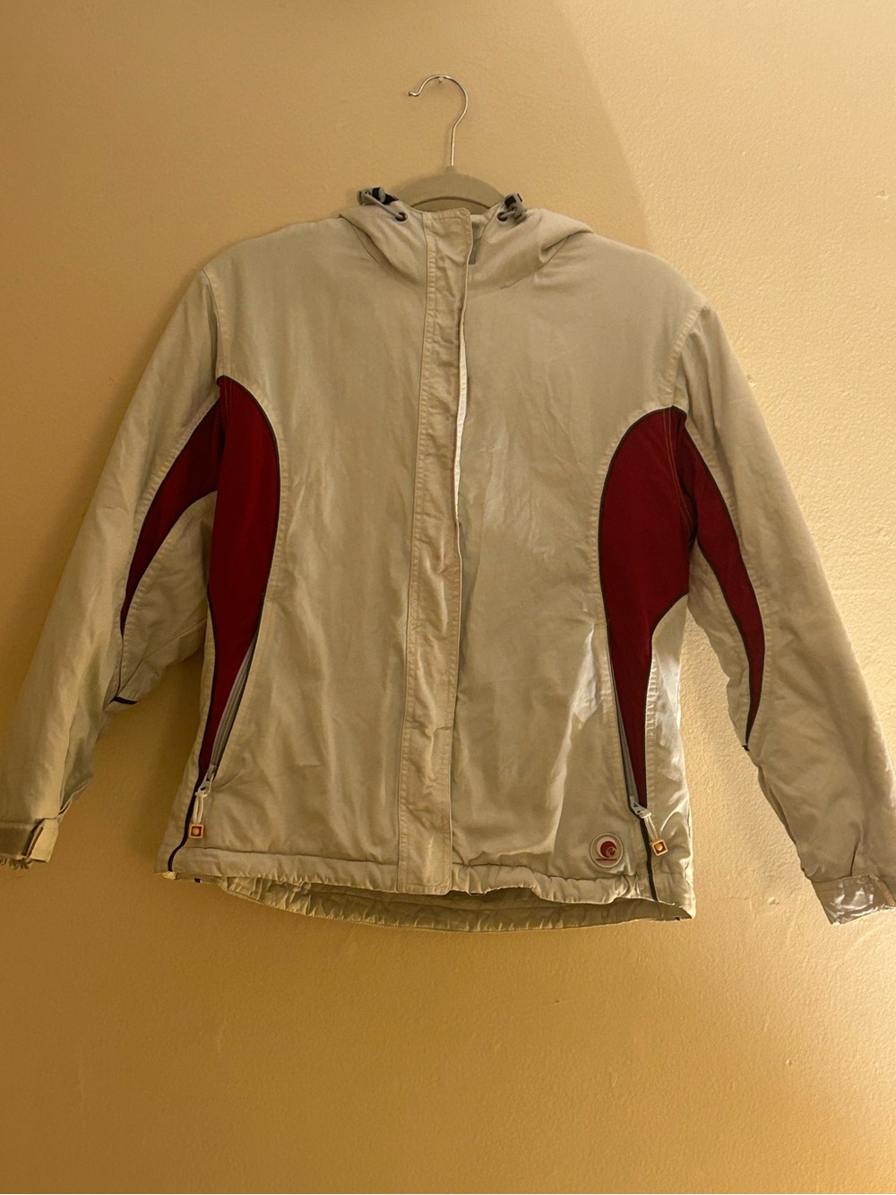 Light Beige Hooded Jacket with Red Panels